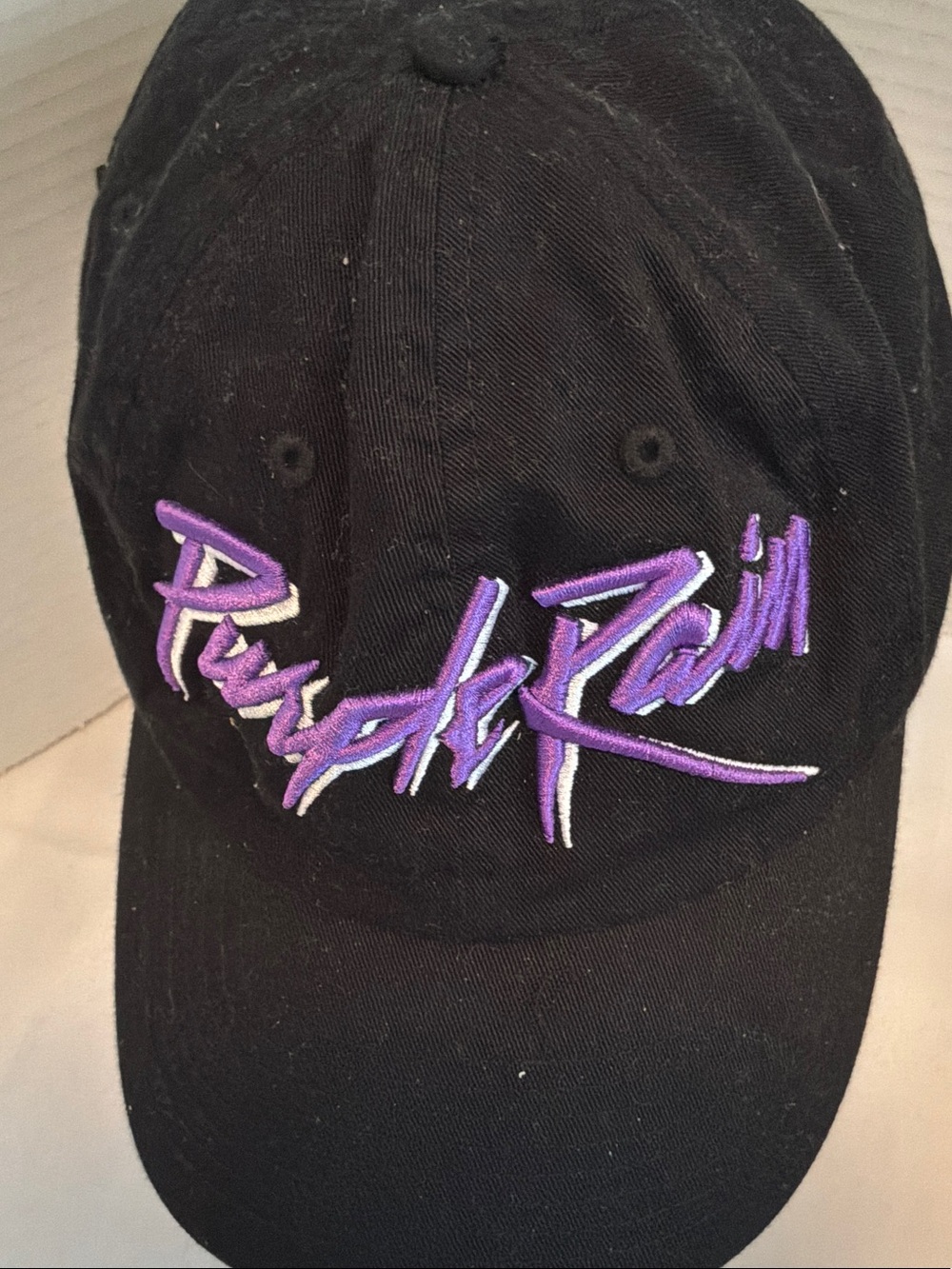 Purple Rain Script Embroidered Black Baseball Cap adjustable